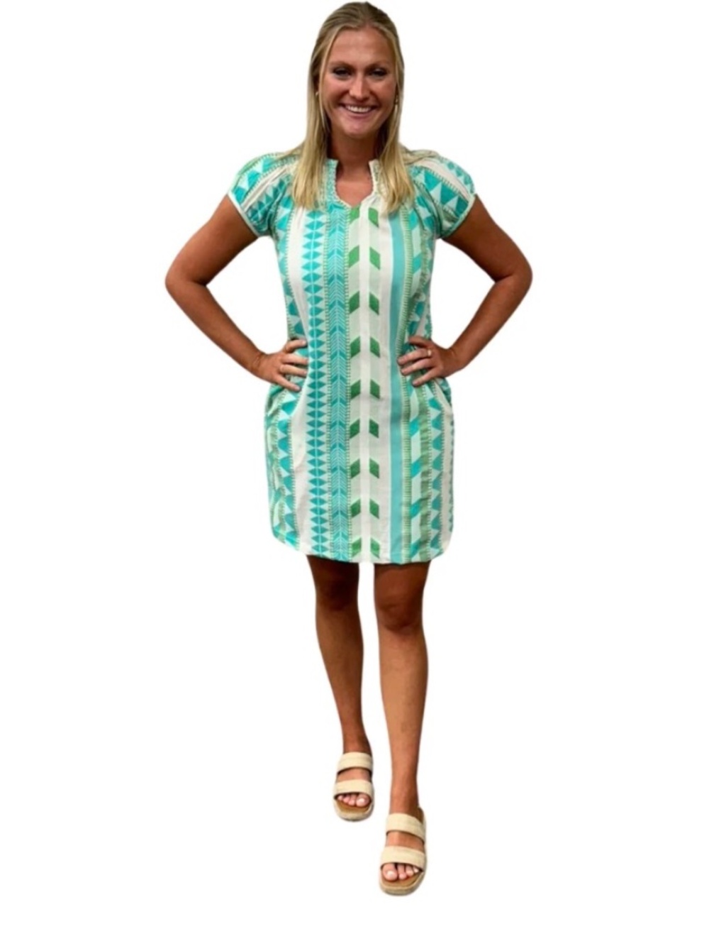 LIZA BYRD Michelle Smocked Neck Dress in Turquoise Cream Jacquard, NWT